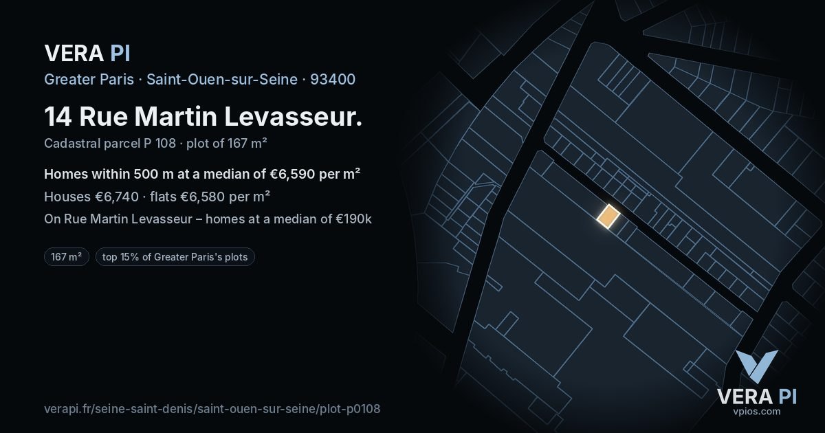 14 Rue Martin Levasseur, Saint-Ouen-sur-Seine at night – the plot lit, the parcels around coloured by the prices near them