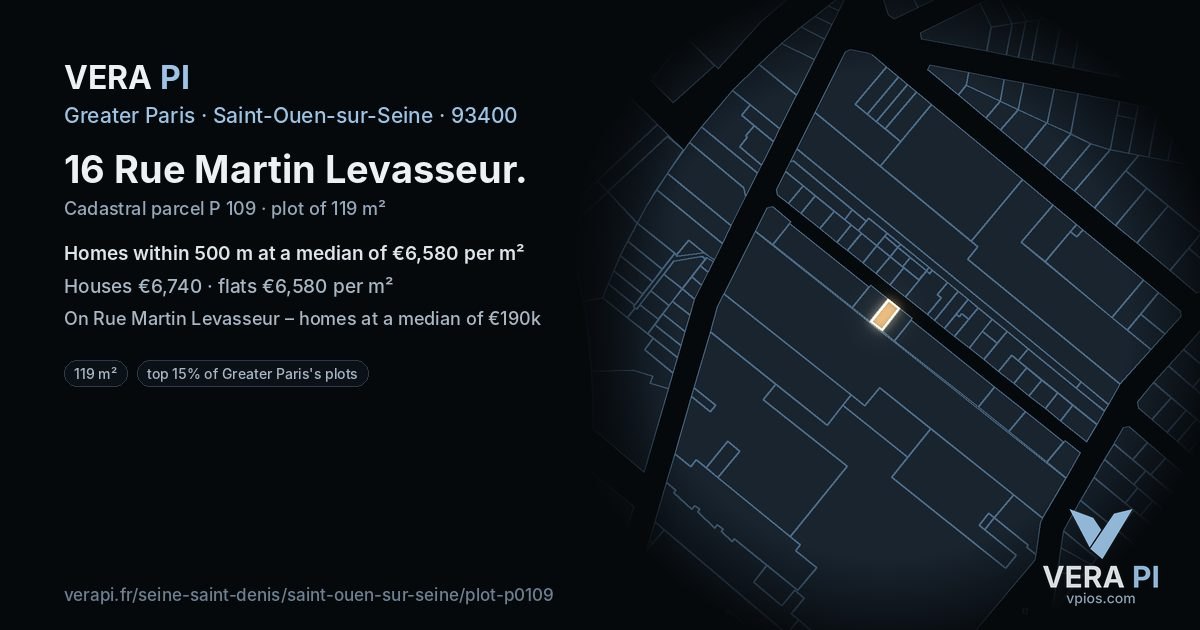 16 Rue Martin Levasseur, Saint-Ouen-sur-Seine at night – the plot lit, the parcels around coloured by the prices near them