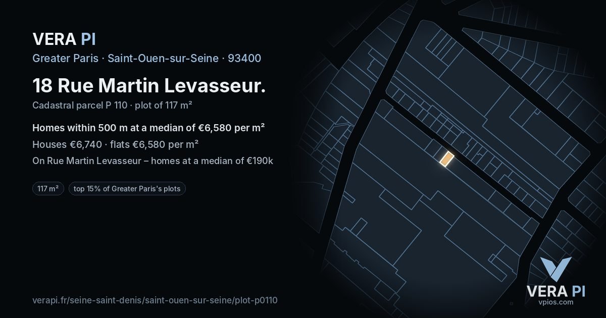 18 Rue Martin Levasseur, Saint-Ouen-sur-Seine at night – the plot lit, the parcels around coloured by the prices near them
