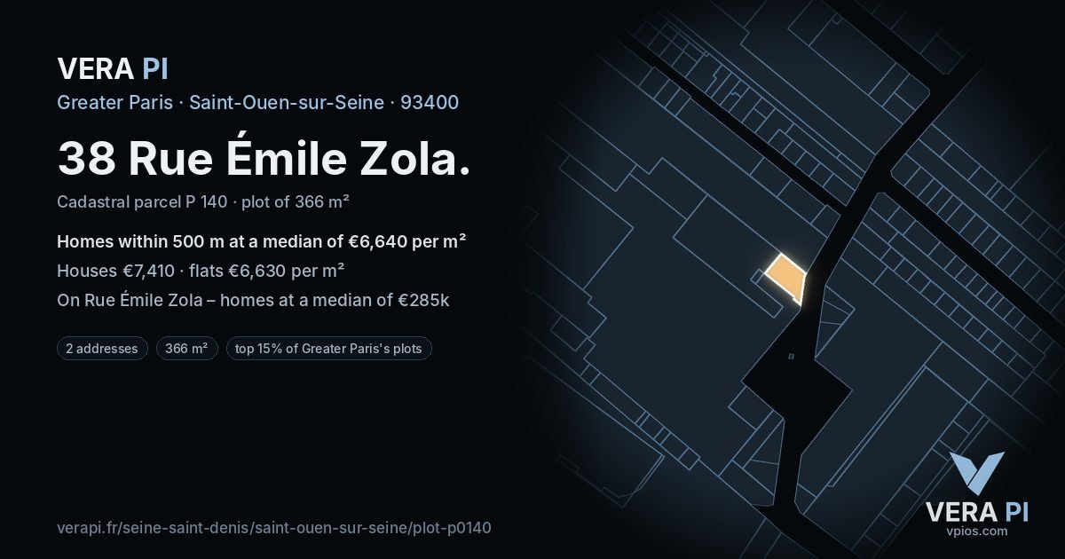 38 Rue Émile Zola, Saint-Ouen-sur-Seine at night – the plot lit, the parcels around coloured by the prices near them