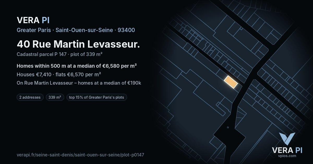 40 Rue Martin Levasseur, Saint-Ouen-sur-Seine at night – the plot lit, the parcels around coloured by the prices near them