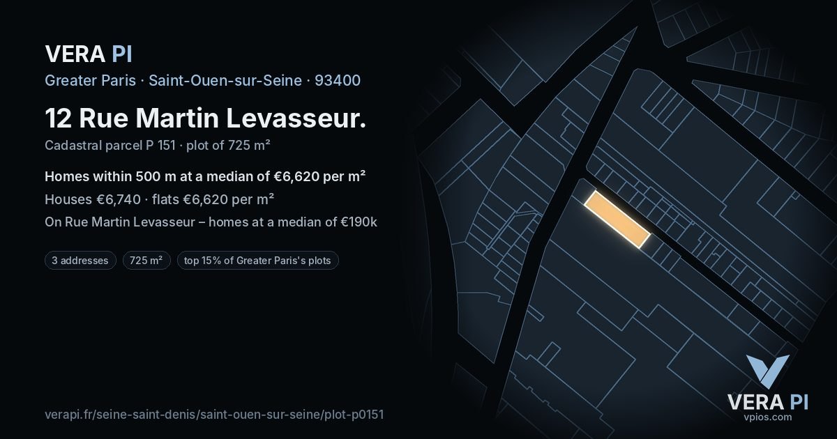 12 Rue Martin Levasseur, Saint-Ouen-sur-Seine at night – the plot lit, the parcels around coloured by the prices near them