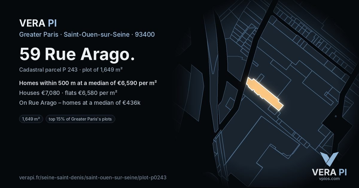 59 Rue Arago, Saint-Ouen-sur-Seine at night – the plot lit, the parcels around coloured by the prices near them