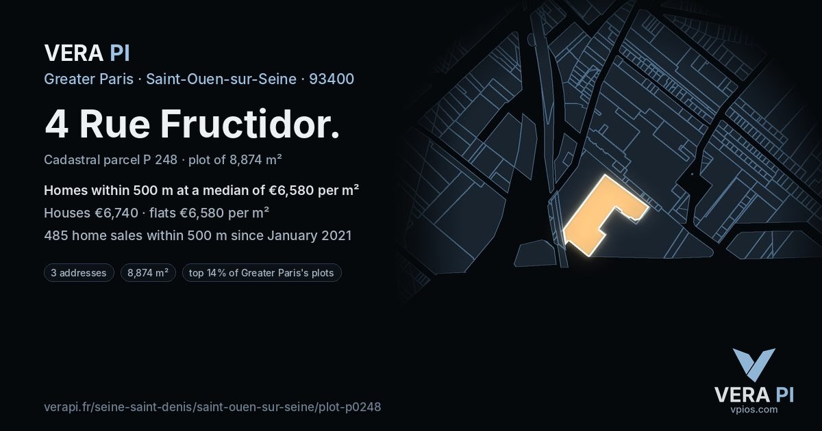 4 Rue Fructidor, Saint-Ouen-sur-Seine at night – the plot lit, the parcels around coloured by the prices near them