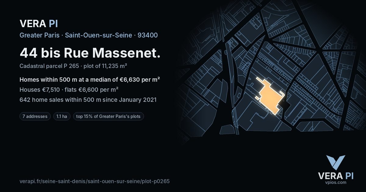 44 bis Rue Massenet, Saint-Ouen-sur-Seine at night – the plot lit, the parcels around coloured by the prices near them