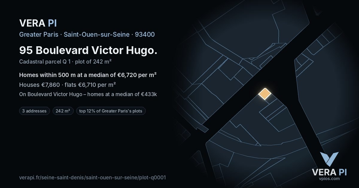 95 Boulevard Victor Hugo, Saint-Ouen-sur-Seine at night – the plot lit, the parcels around coloured by the prices near them