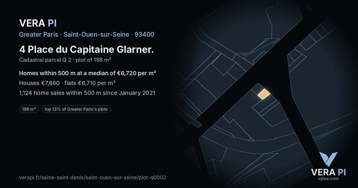 4 Place du Capitaine Glarner, Saint-Ouen-sur-Seine at night – the plot lit, the parcels around coloured by the prices near them