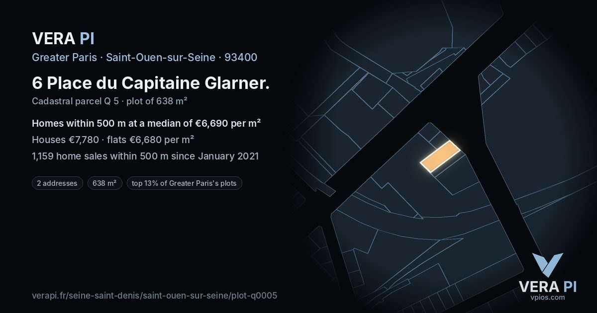 6 Place du Capitaine Glarner, Saint-Ouen-sur-Seine at night – the plot lit, the parcels around coloured by the prices near them