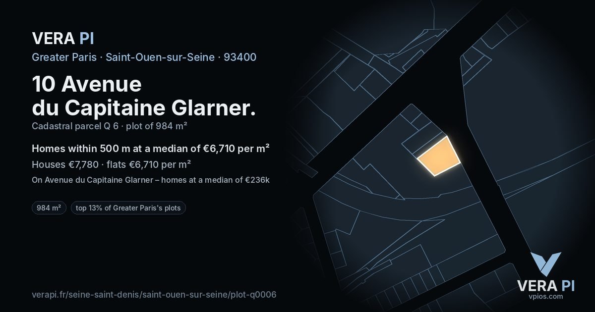 10 Avenue du Capitaine Glarner, Saint-Ouen-sur-Seine at night – the plot lit, the parcels around coloured by the prices near them
