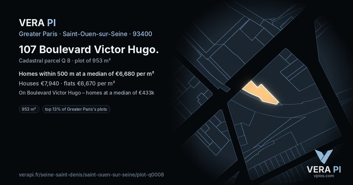 107 Boulevard Victor Hugo, Saint-Ouen-sur-Seine at night – the plot lit, the parcels around coloured by the prices near them