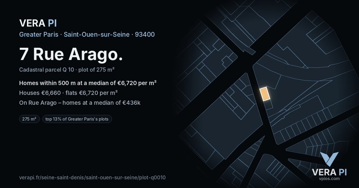 7 Rue Arago, Saint-Ouen-sur-Seine at night – the plot lit, the parcels around coloured by the prices near them
