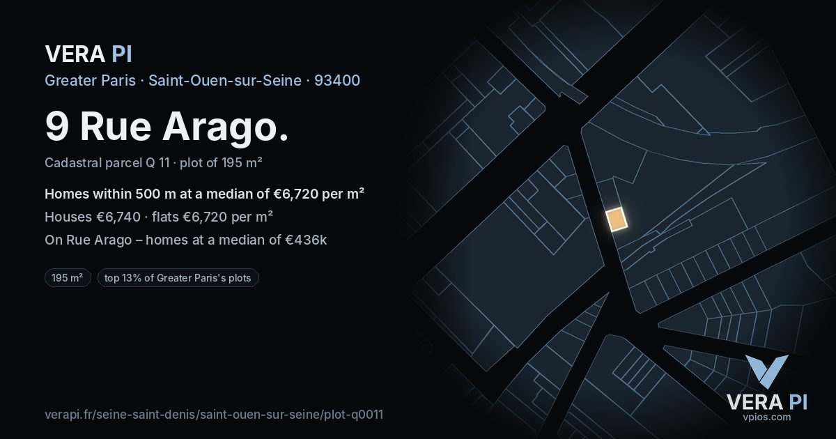 9 Rue Arago, Saint-Ouen-sur-Seine at night – the plot lit, the parcels around coloured by the prices near them