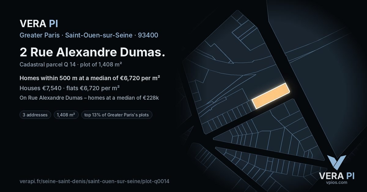 2 Rue Alexandre Dumas, Saint-Ouen-sur-Seine at night – the plot lit, the parcels around coloured by the prices near them