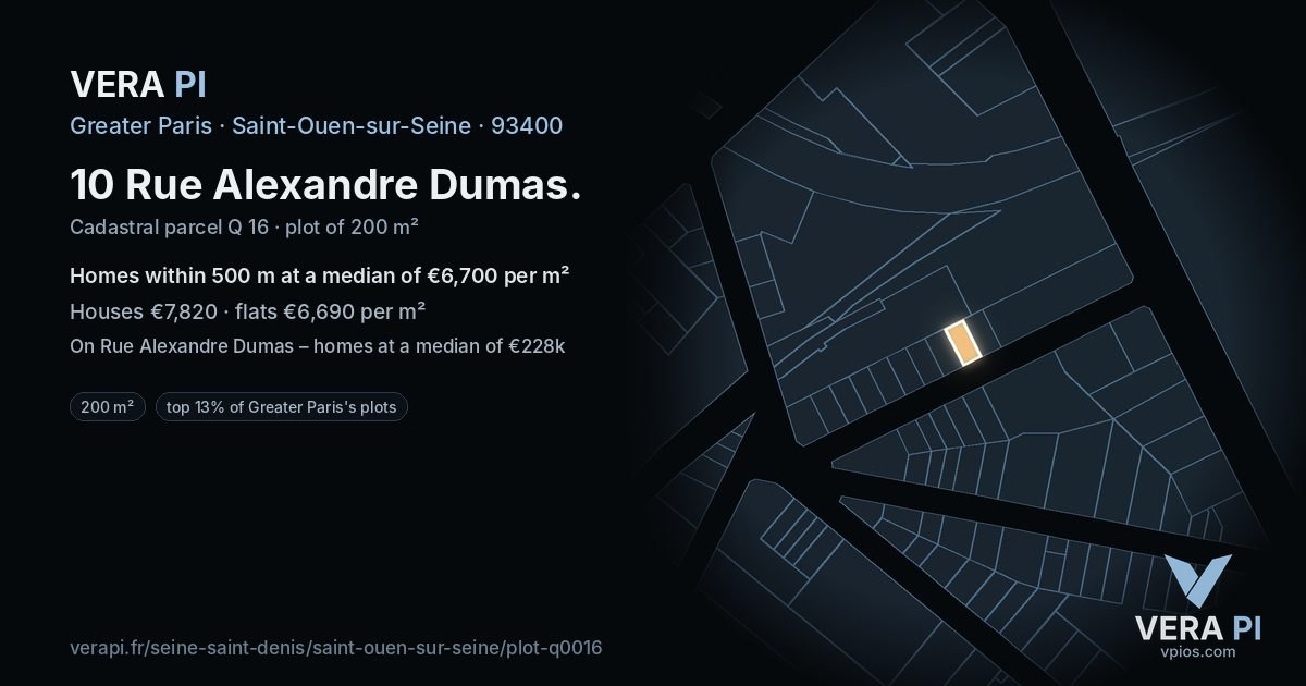 10 Rue Alexandre Dumas, Saint-Ouen-sur-Seine at night – the plot lit, the parcels around coloured by the prices near them