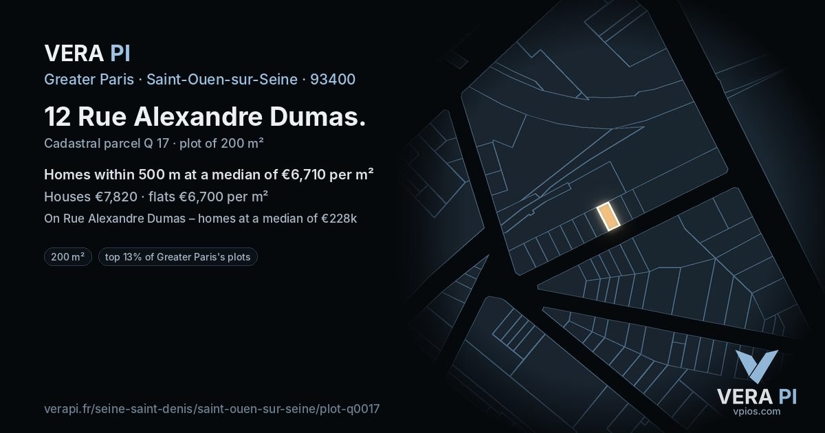 12 Rue Alexandre Dumas, Saint-Ouen-sur-Seine at night – the plot lit, the parcels around coloured by the prices near them
