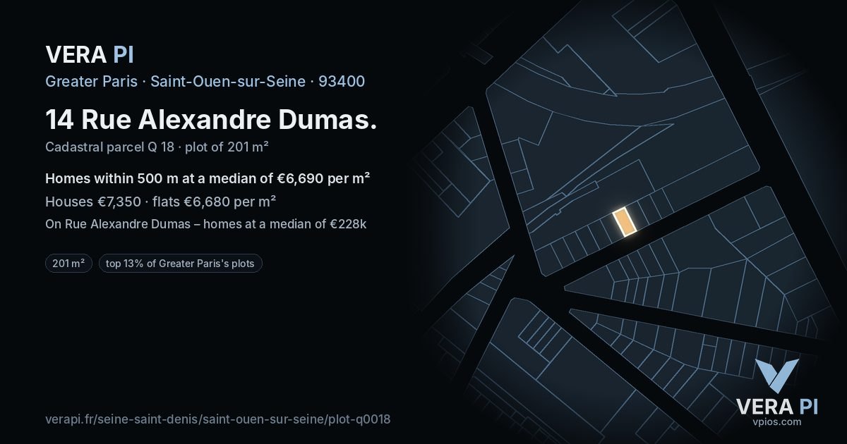 14 Rue Alexandre Dumas, Saint-Ouen-sur-Seine at night – the plot lit, the parcels around coloured by the prices near them