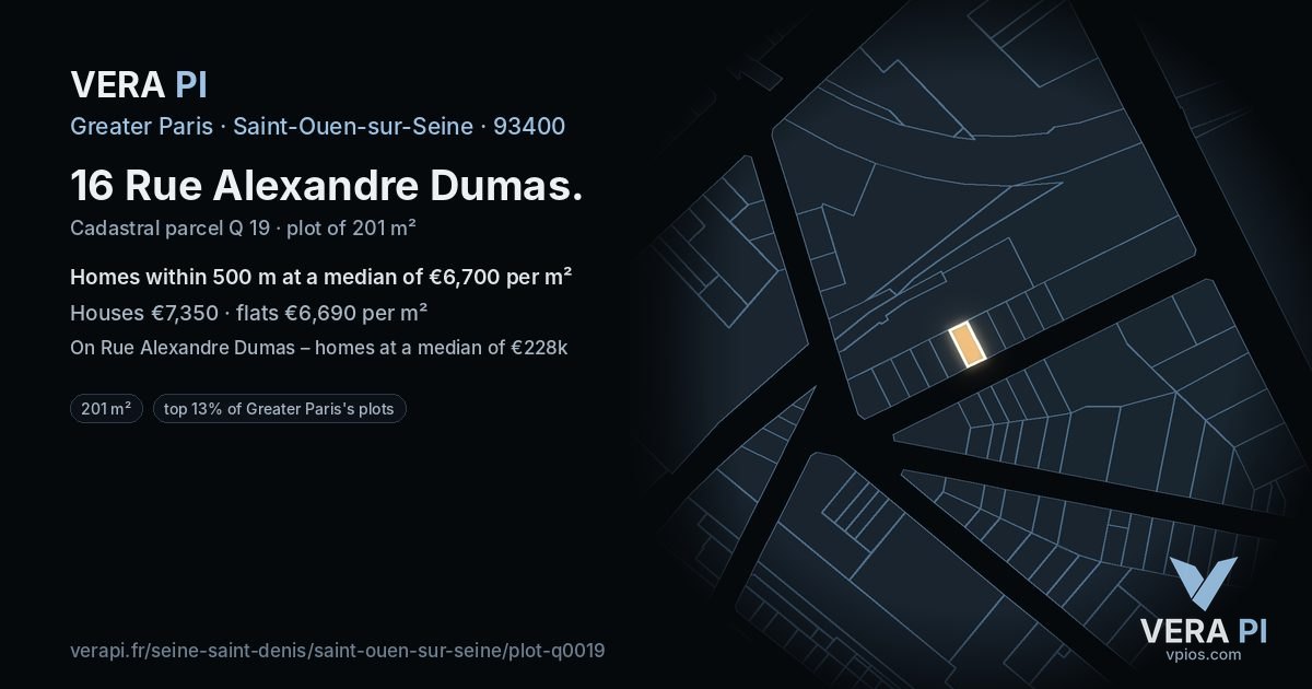16 Rue Alexandre Dumas, Saint-Ouen-sur-Seine at night – the plot lit, the parcels around coloured by the prices near them