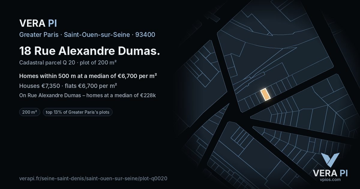 18 Rue Alexandre Dumas, Saint-Ouen-sur-Seine at night – the plot lit, the parcels around coloured by the prices near them
