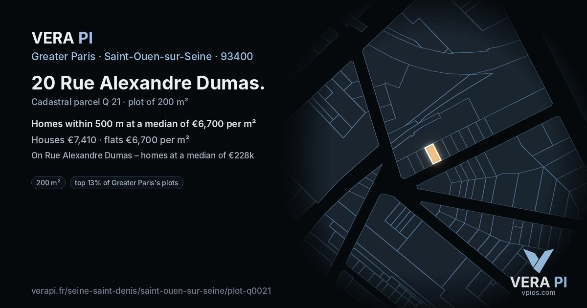 20 Rue Alexandre Dumas, Saint-Ouen-sur-Seine at night – the plot lit, the parcels around coloured by the prices near them