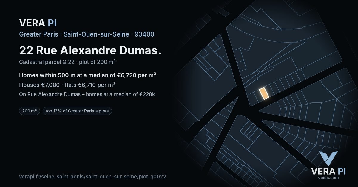 22 Rue Alexandre Dumas, Saint-Ouen-sur-Seine at night – the plot lit, the parcels around coloured by the prices near them