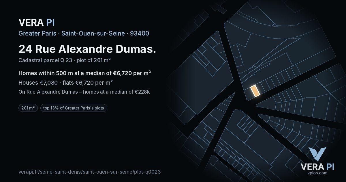24 Rue Alexandre Dumas, Saint-Ouen-sur-Seine at night – the plot lit, the parcels around coloured by the prices near them