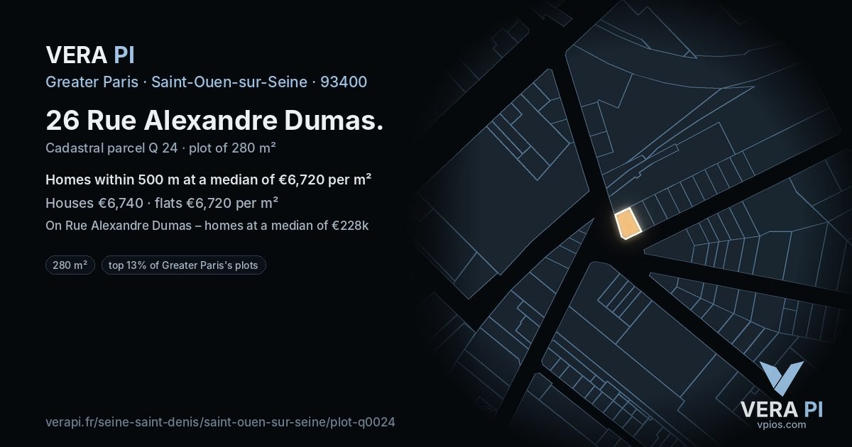26 Rue Alexandre Dumas, Saint-Ouen-sur-Seine at night – the plot lit, the parcels around coloured by the prices near them