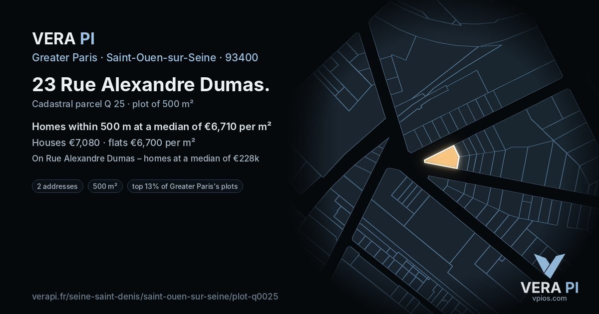 23 Rue Alexandre Dumas, Saint-Ouen-sur-Seine at night – the plot lit, the parcels around coloured by the prices near them