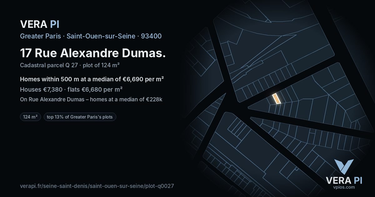 17 Rue Alexandre Dumas, Saint-Ouen-sur-Seine at night – the plot lit, the parcels around coloured by the prices near them