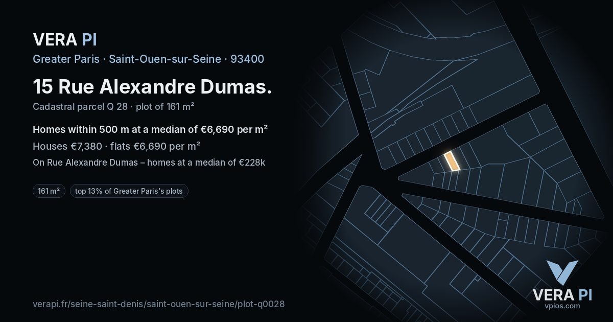 15 Rue Alexandre Dumas, Saint-Ouen-sur-Seine at night – the plot lit, the parcels around coloured by the prices near them