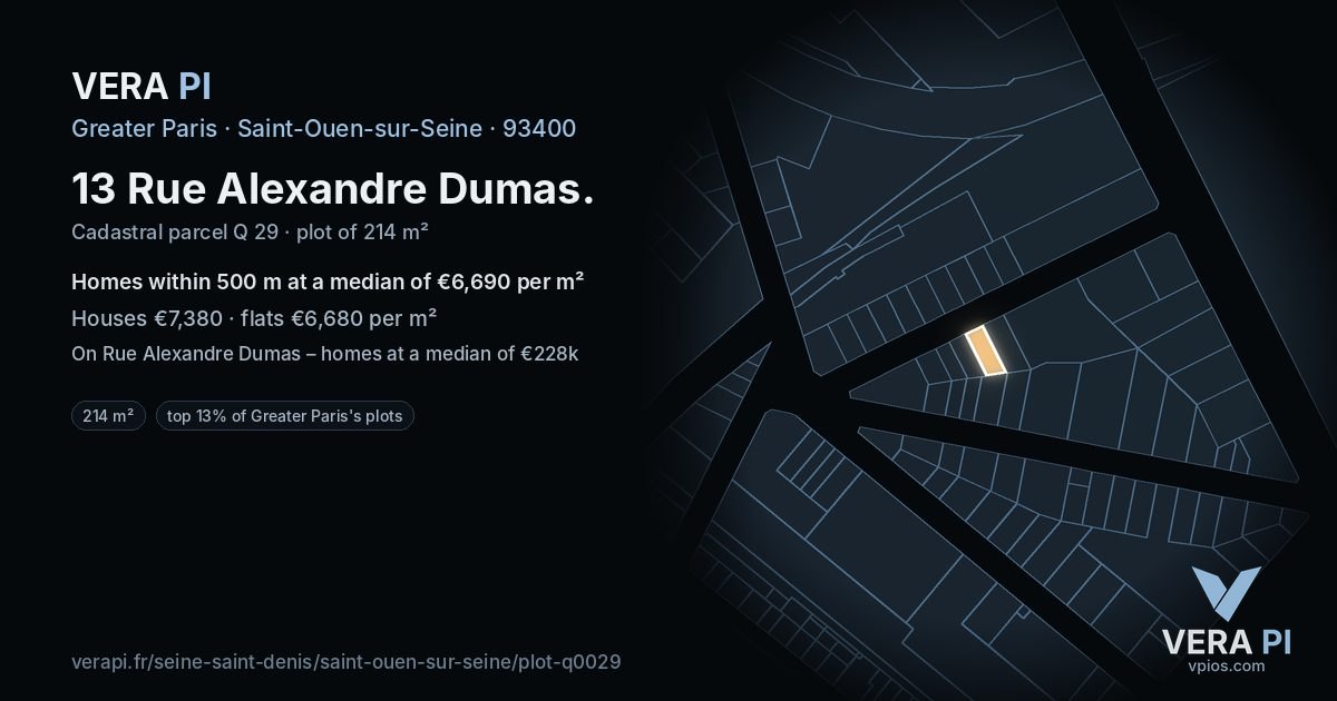13 Rue Alexandre Dumas, Saint-Ouen-sur-Seine at night – the plot lit, the parcels around coloured by the prices near them