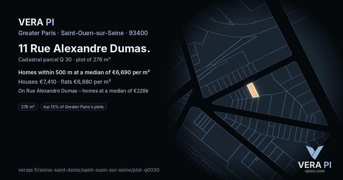 11 Rue Alexandre Dumas, Saint-Ouen-sur-Seine at night – the plot lit, the parcels around coloured by the prices near them