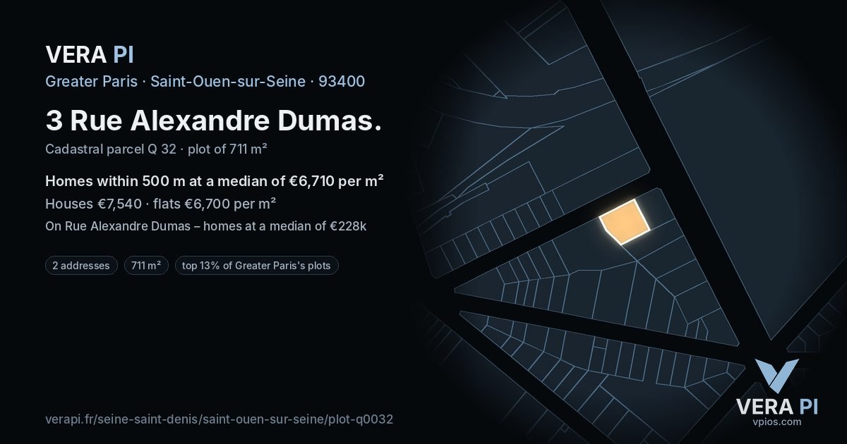 3 Rue Alexandre Dumas, Saint-Ouen-sur-Seine at night – the plot lit, the parcels around coloured by the prices near them
