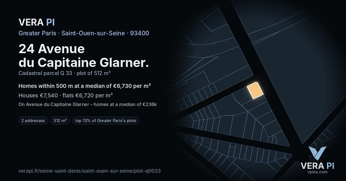 24 Avenue du Capitaine Glarner, Saint-Ouen-sur-Seine at night – the plot lit, the parcels around coloured by the prices near them
