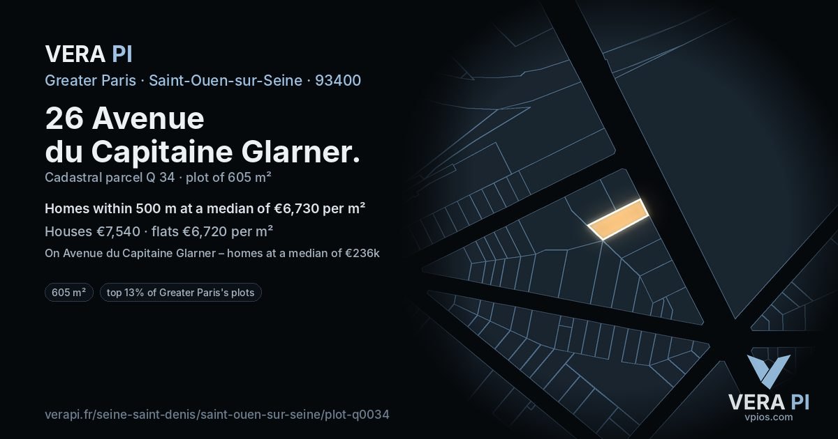 26 Avenue du Capitaine Glarner, Saint-Ouen-sur-Seine at night – the plot lit, the parcels around coloured by the prices near them