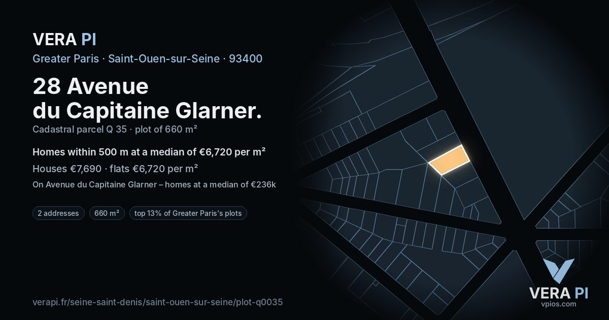 28 Avenue du Capitaine Glarner, Saint-Ouen-sur-Seine at night – the plot lit, the parcels around coloured by the prices near them