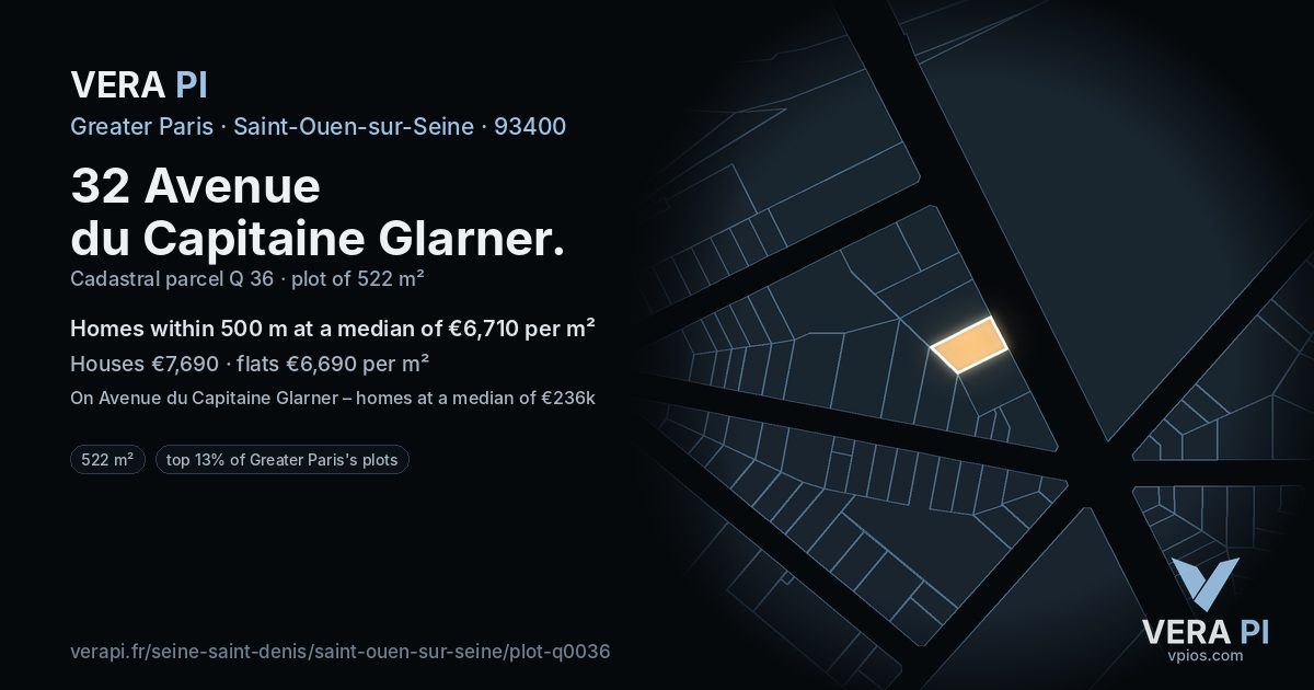 32 Avenue du Capitaine Glarner, Saint-Ouen-sur-Seine at night – the plot lit, the parcels around coloured by the prices near them