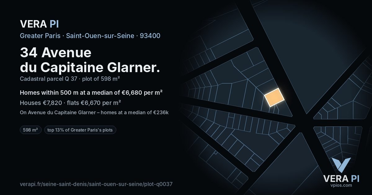34 Avenue du Capitaine Glarner, Saint-Ouen-sur-Seine at night – the plot lit, the parcels around coloured by the prices near them