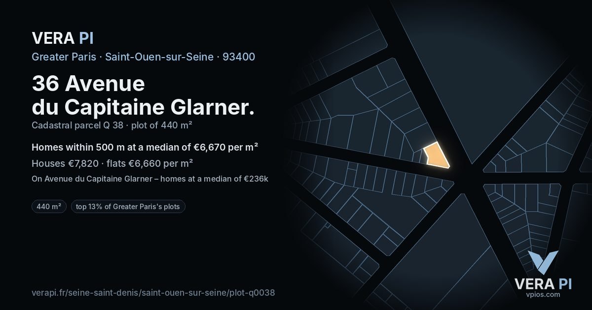 36 Avenue du Capitaine Glarner, Saint-Ouen-sur-Seine at night – the plot lit, the parcels around coloured by the prices near them