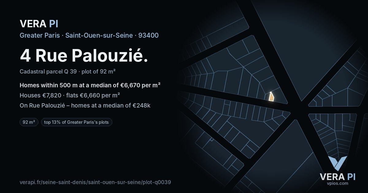 4 Rue Palouzié, Saint-Ouen-sur-Seine at night – the plot lit, the parcels around coloured by the prices near them