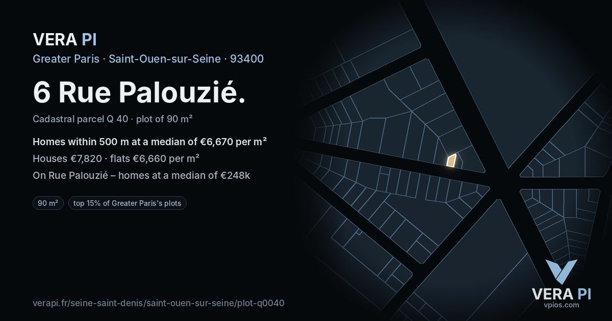 6 Rue Palouzié, Saint-Ouen-sur-Seine at night – the plot lit, the parcels around coloured by the prices near them