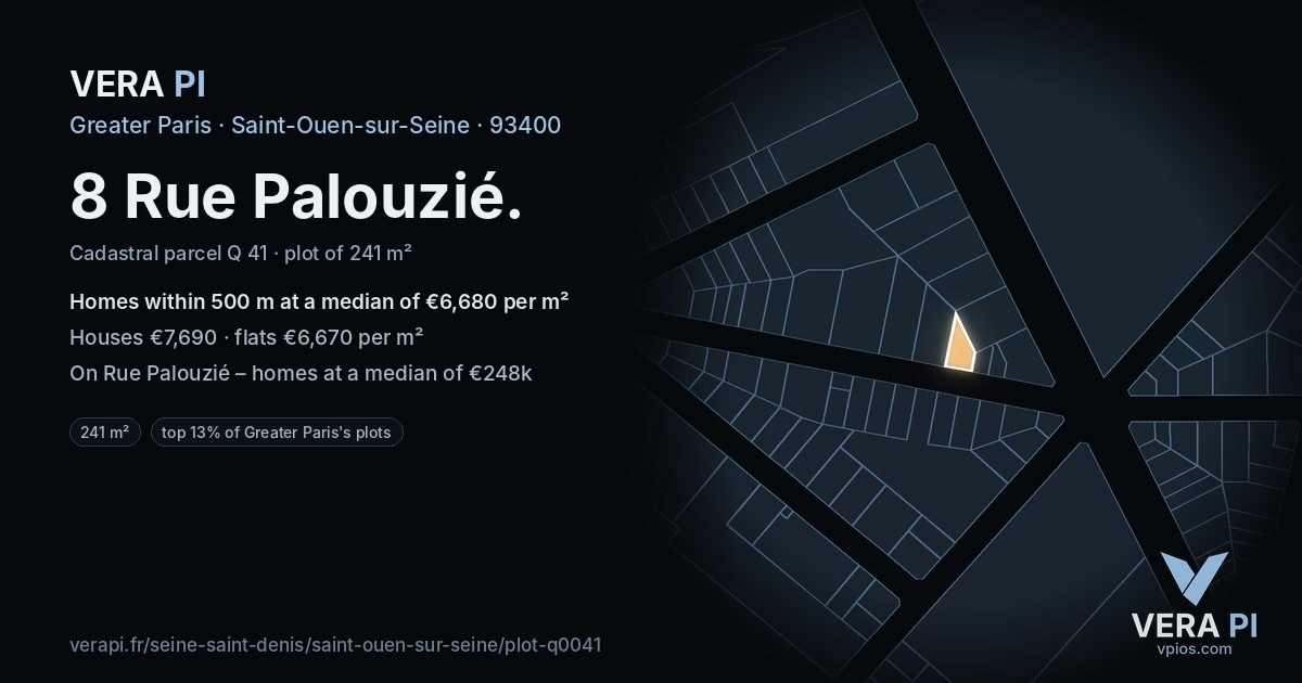 8 Rue Palouzié, Saint-Ouen-sur-Seine at night – the plot lit, the parcels around coloured by the prices near them