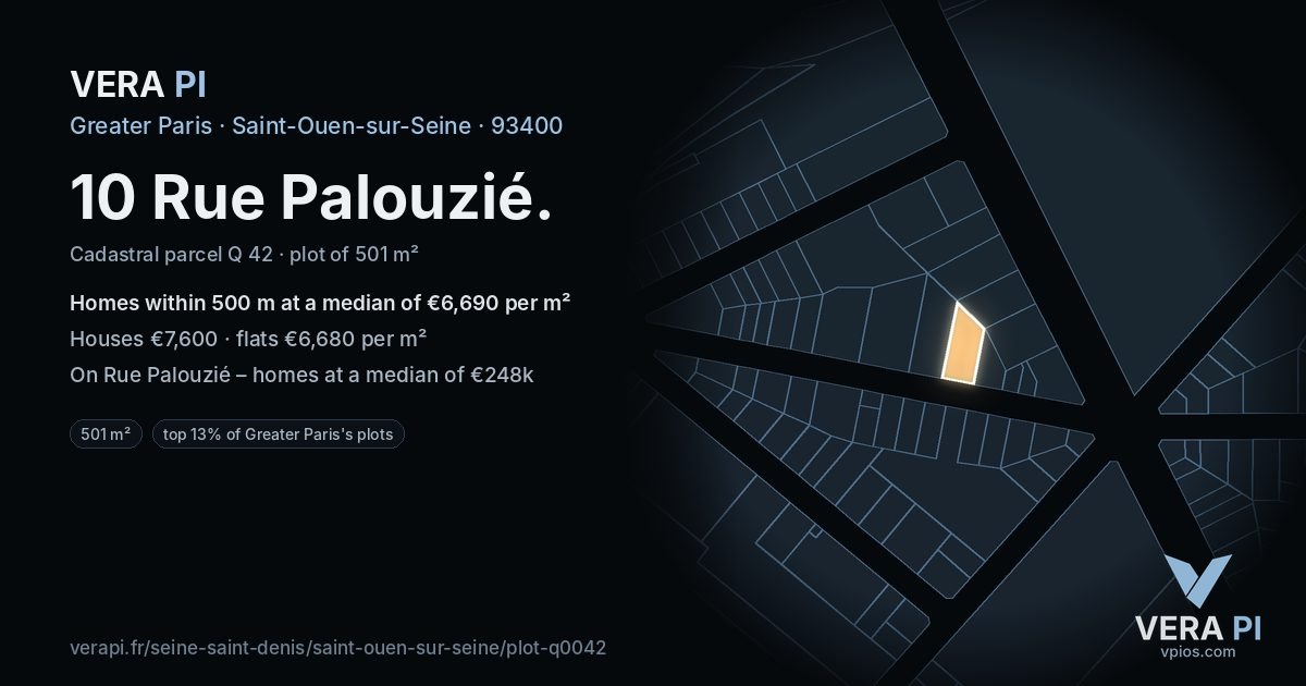 10 Rue Palouzié, Saint-Ouen-sur-Seine at night – the plot lit, the parcels around coloured by the prices near them