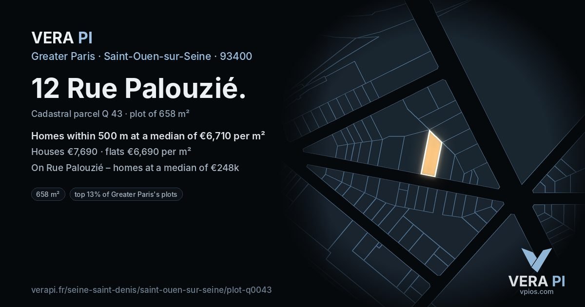 12 Rue Palouzié, Saint-Ouen-sur-Seine at night – the plot lit, the parcels around coloured by the prices near them