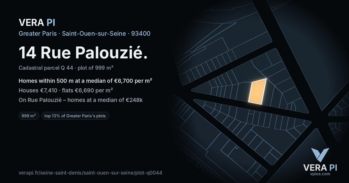 14 Rue Palouzié, Saint-Ouen-sur-Seine at night – the plot lit, the parcels around coloured by the prices near them