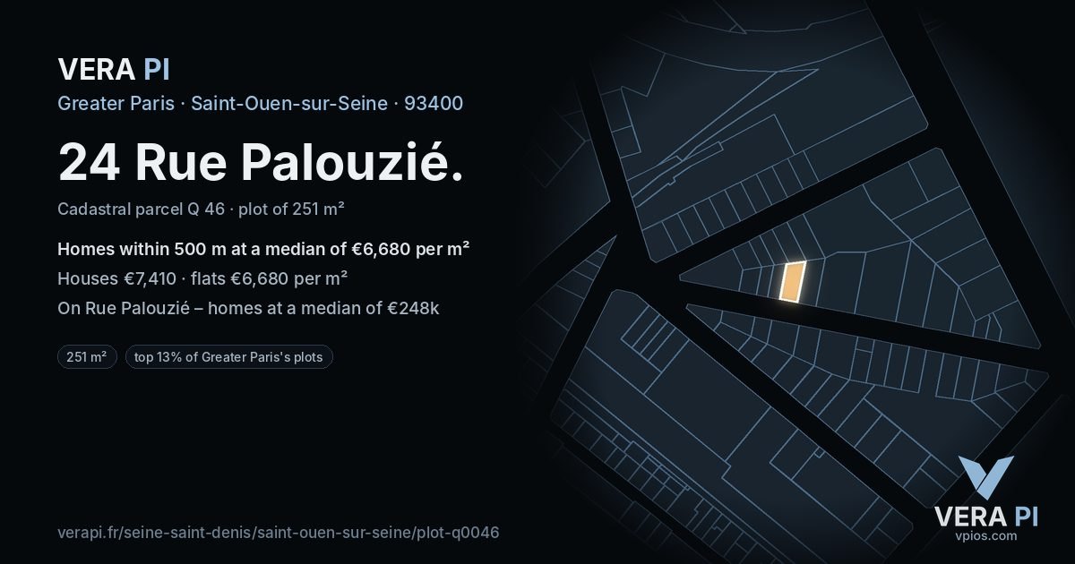 24 Rue Palouzié, Saint-Ouen-sur-Seine at night – the plot lit, the parcels around coloured by the prices near them