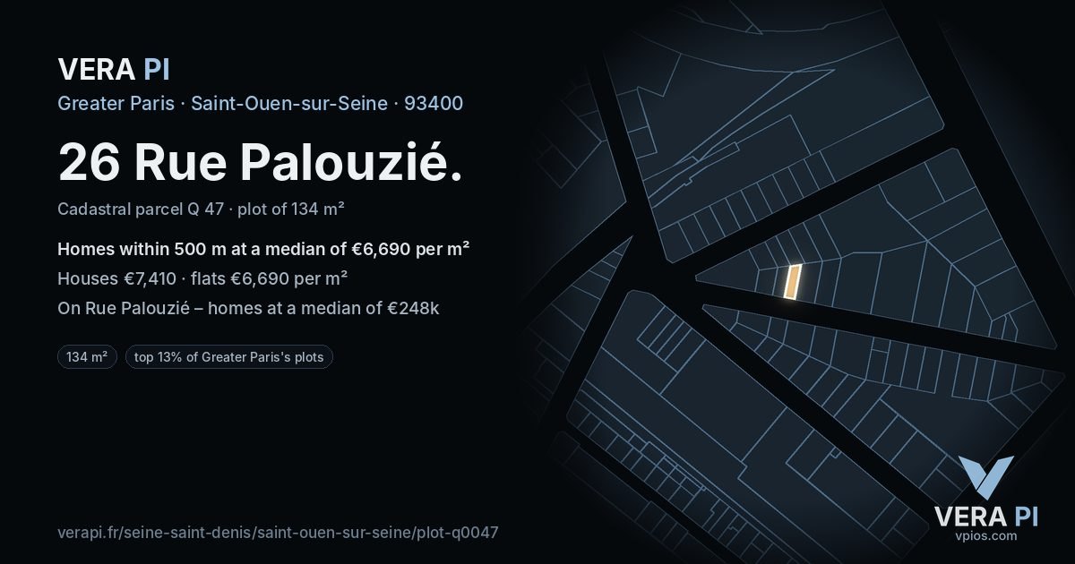 26 Rue Palouzié, Saint-Ouen-sur-Seine at night – the plot lit, the parcels around coloured by the prices near them