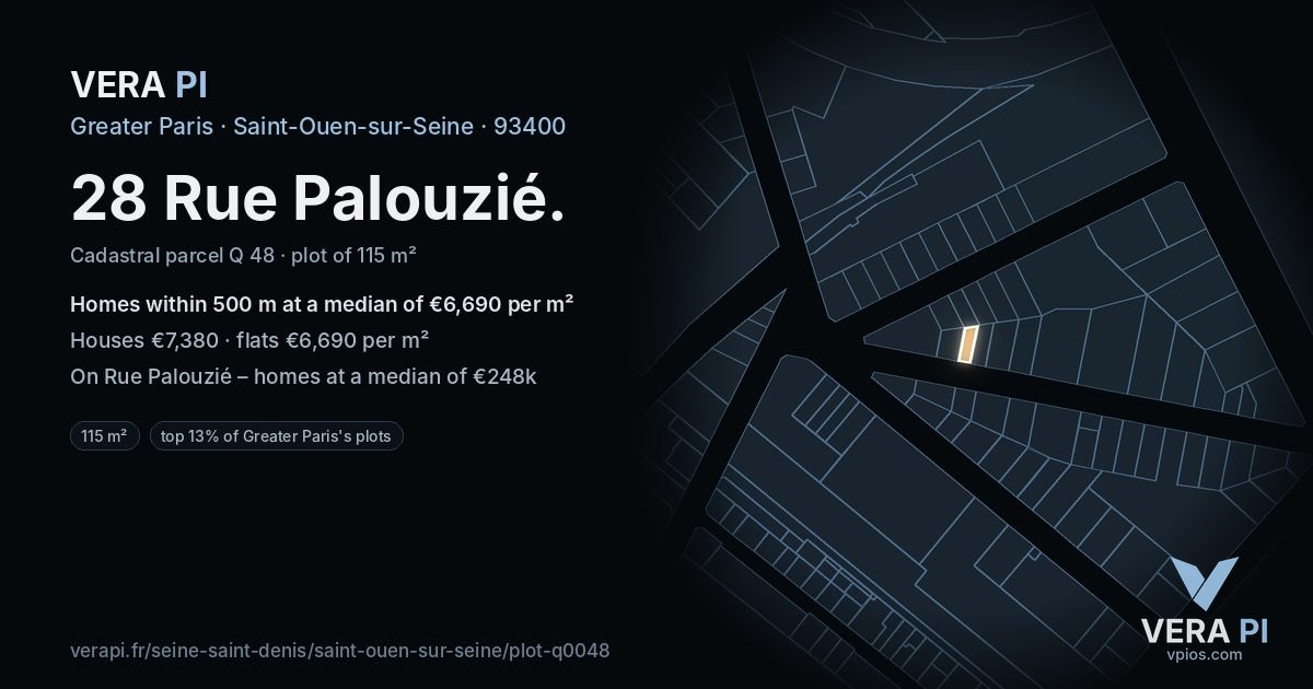 28 Rue Palouzié, Saint-Ouen-sur-Seine at night – the plot lit, the parcels around coloured by the prices near them