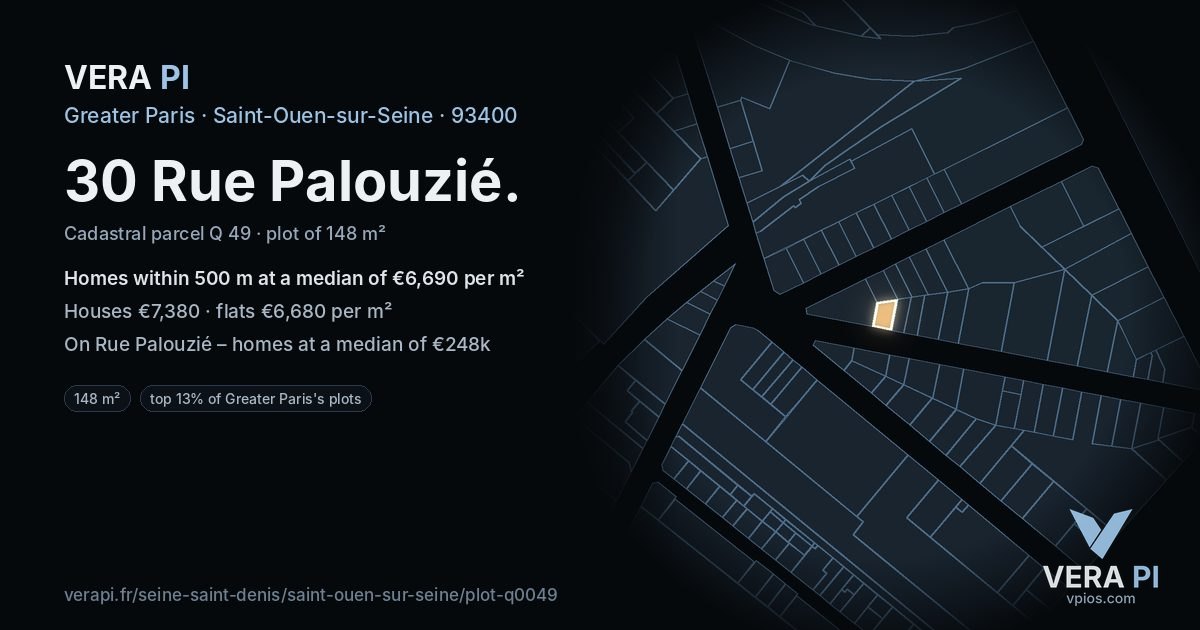30 Rue Palouzié, Saint-Ouen-sur-Seine at night – the plot lit, the parcels around coloured by the prices near them