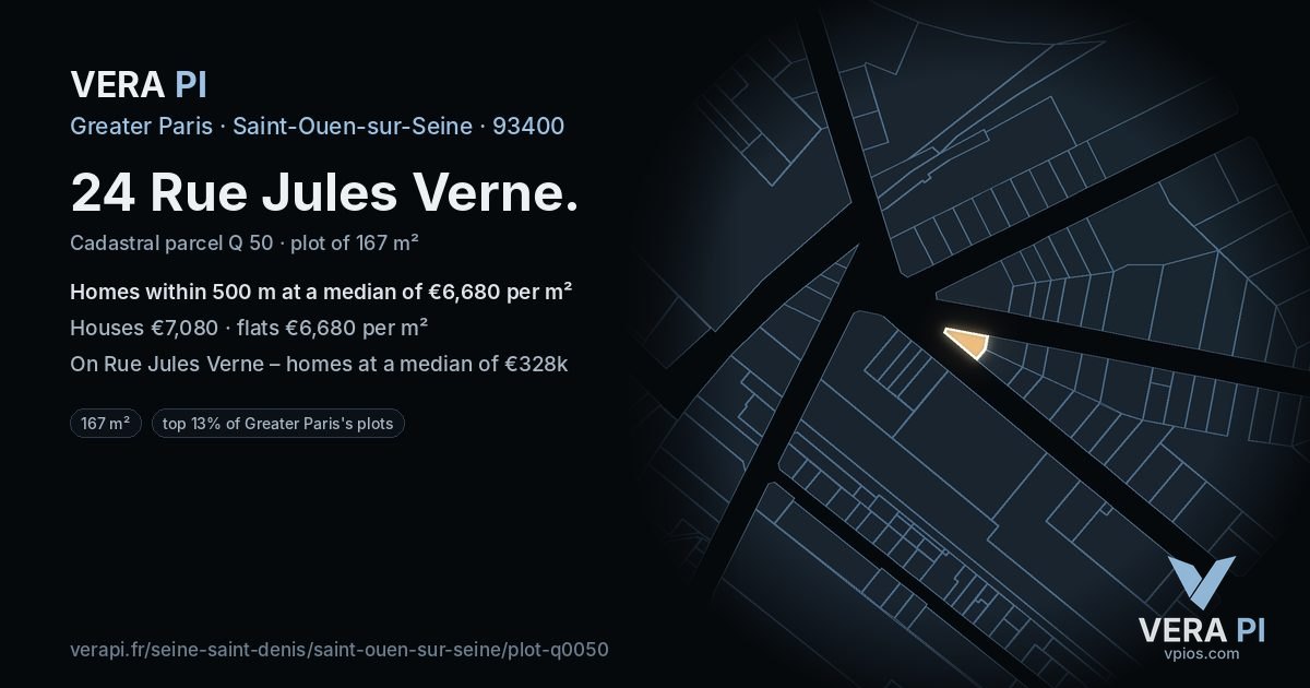 24 Rue Jules Verne, Saint-Ouen-sur-Seine at night – the plot lit, the parcels around coloured by the prices near them
