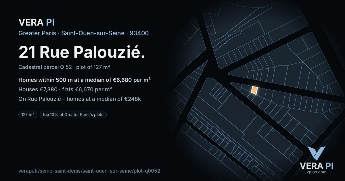 21 Rue Palouzié, Saint-Ouen-sur-Seine at night – the plot lit, the parcels around coloured by the prices near them